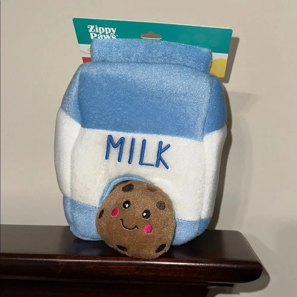 Zippy Paw Milk and Cookies Blue White Brown Interactive Puzzle Plush Dog Toy